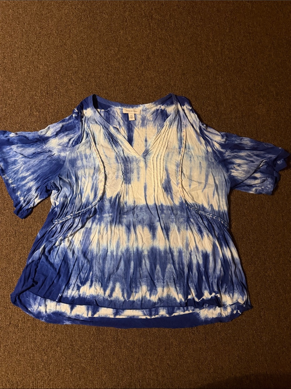 Vintage America Blue and White Tie-Dye V-Neck Blouse